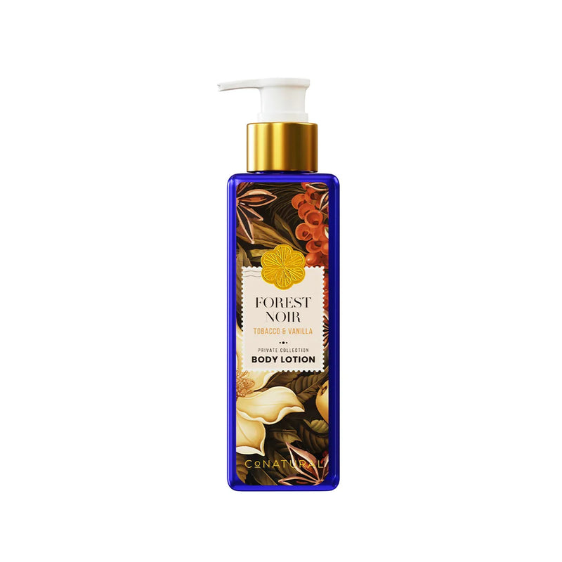 Body lotion bottle with 'Forest Noir' label on a white background