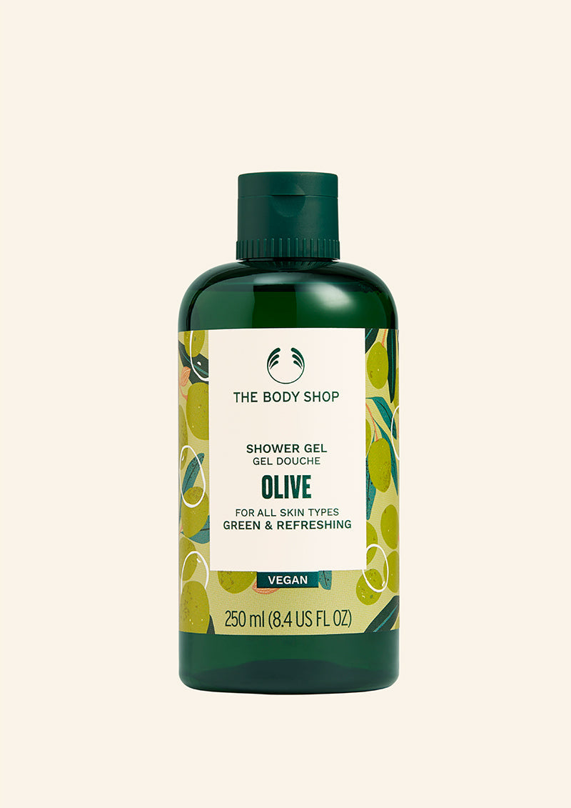 The Body Shop Olive Shower Gel bottle on a white background
