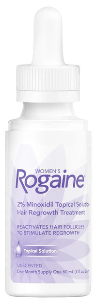 Bottle of Women's Rogaine hair regrowth treatment with dropper on a white background