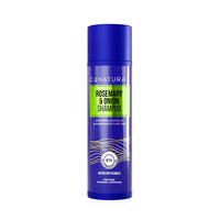 Blue shampoo bottle with green label on a white background
