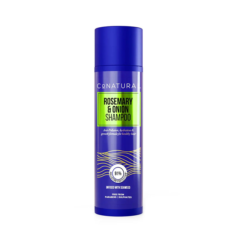 Blue shampoo bottle with green label on a white background